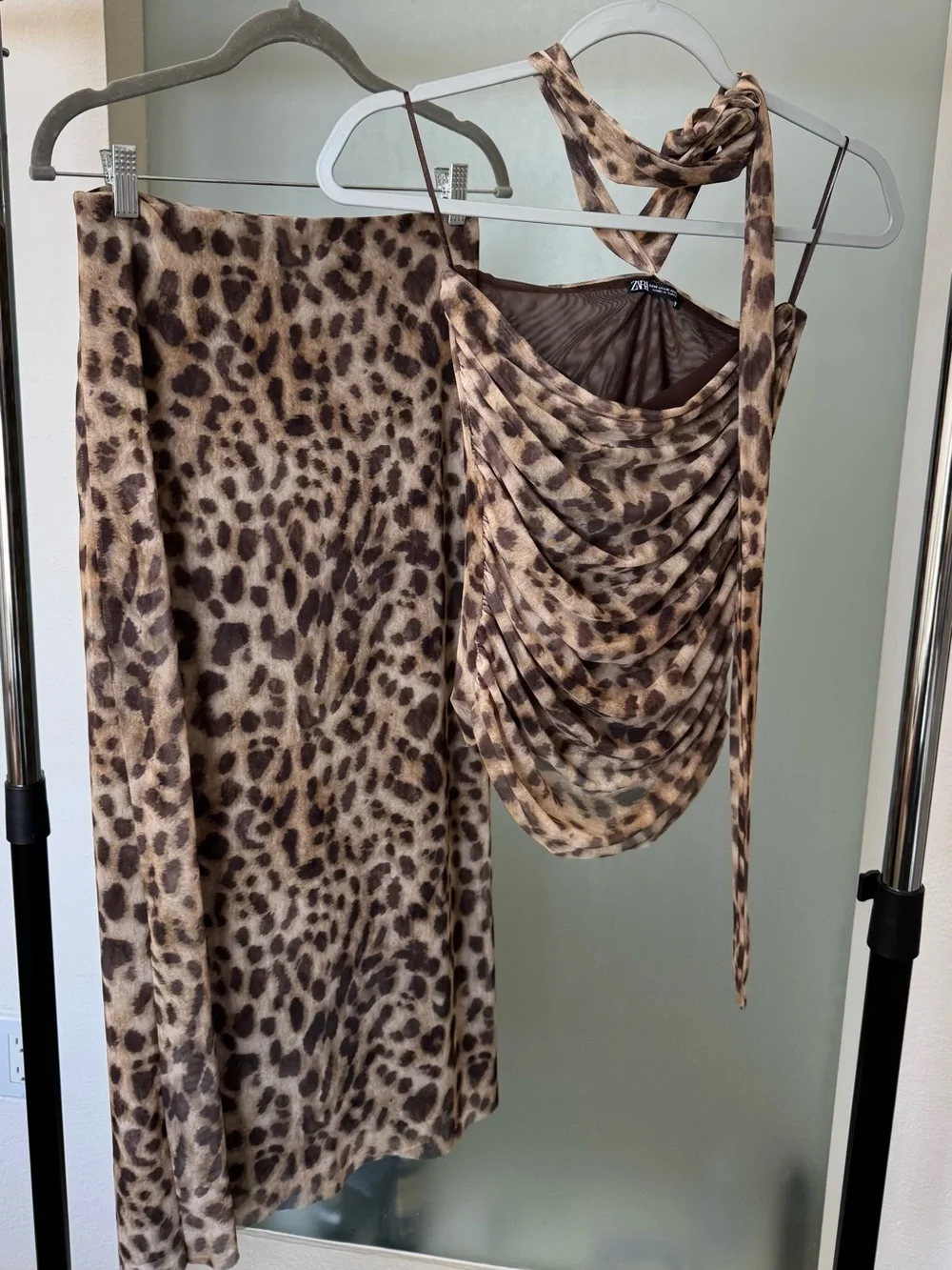Zara Leopard Print Tulle Mesh 2 Piece Matching Set Maxi Skirt Top M - Picture 7 of 10